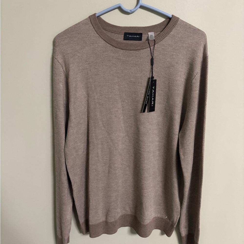 TAHARI Mens Wool Blend Crew Neck Sweater Long Sleeve Tan Size Medium New NWT $78
